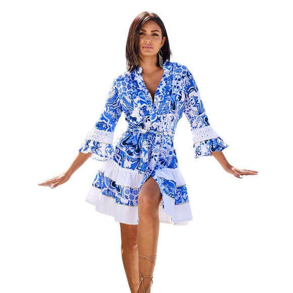 Boston Proper Women's Chic Tiles Print Eyelet-Inset Tiered A-Line Dress - Picture 1 of 15